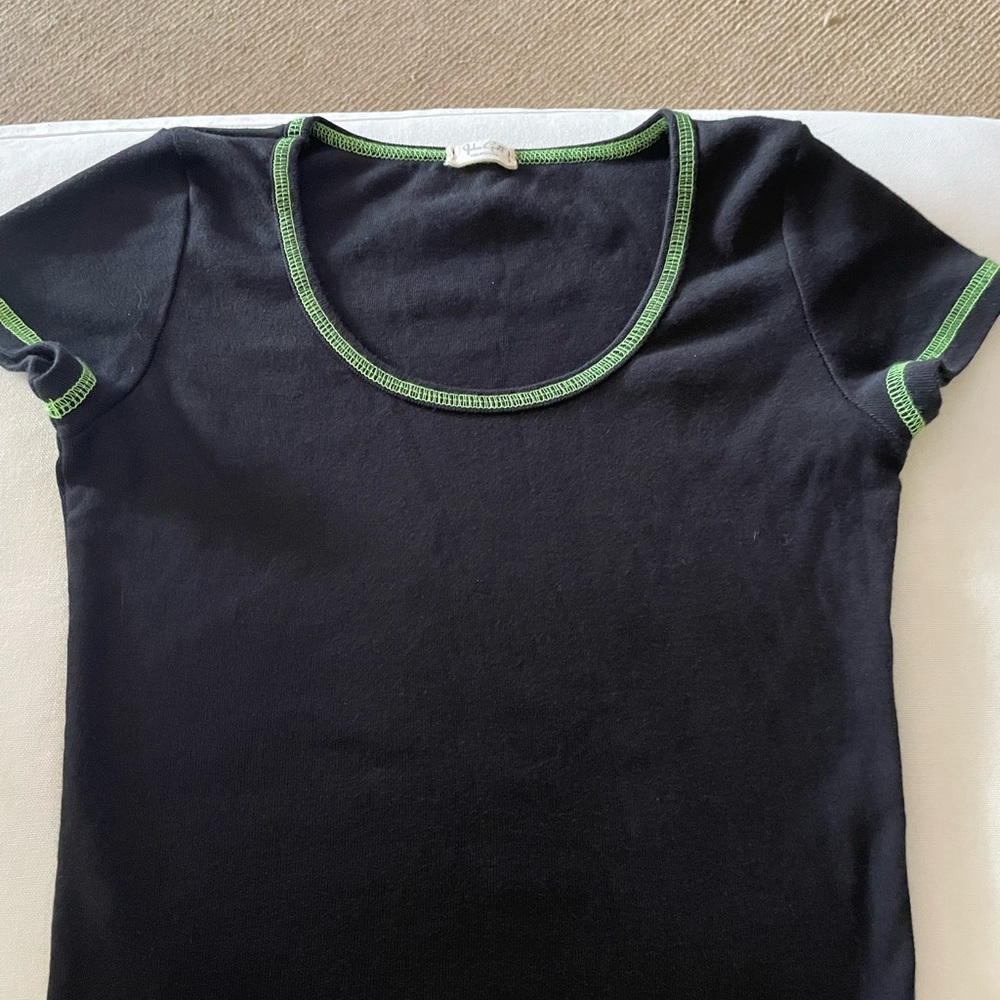 John Galt, navy blue and neon green crop top